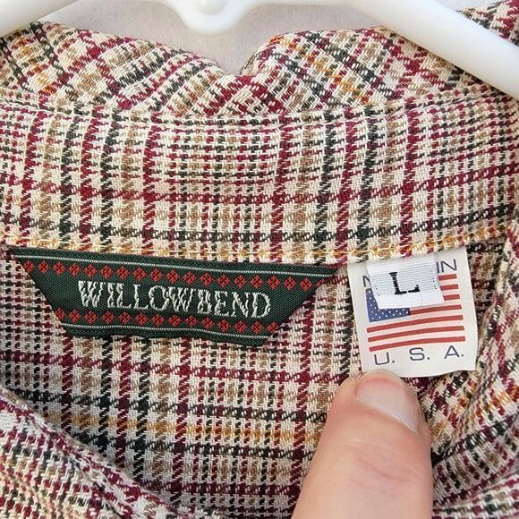Vintage Willowbend Womens L Plaid Beige Barn Red Mustard Button Up Flannel Shirt - Picture 8 of 12